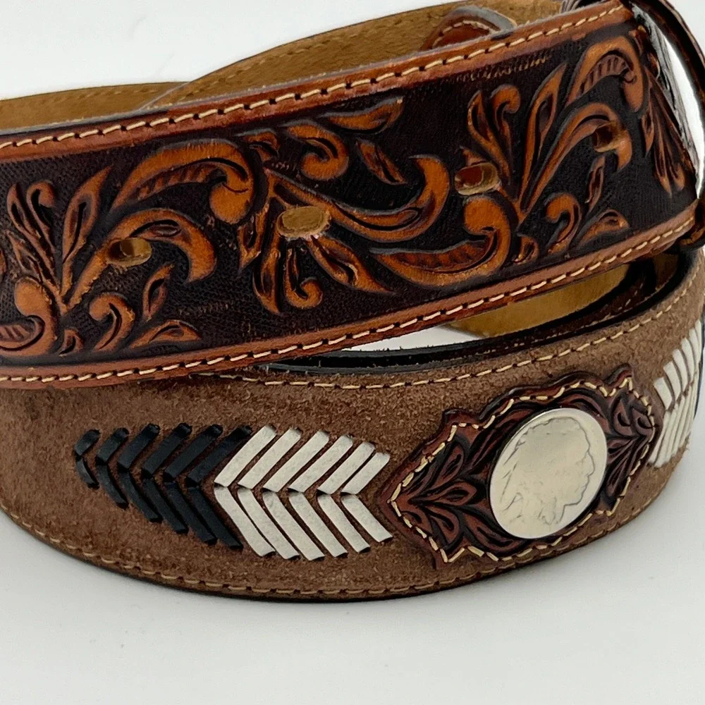 Justin Mens Brown Leather Tooled Western Belt Indian Head Nickel Concho 38